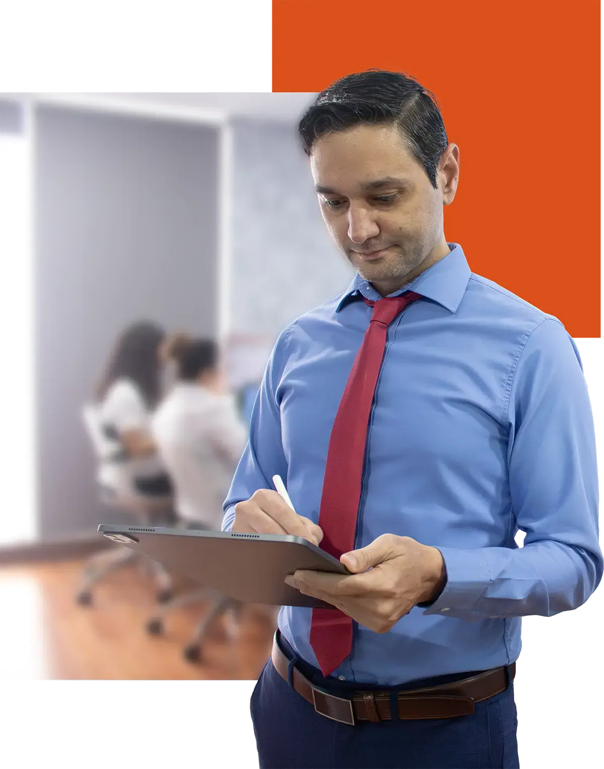 Business professional holding a clipboard with a blurred office background